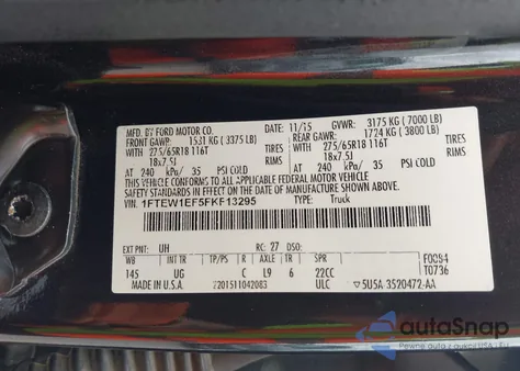 2015 Ford F-150 Xlt from USA, damaged, VIN 1FTEW1EF5FKF13295